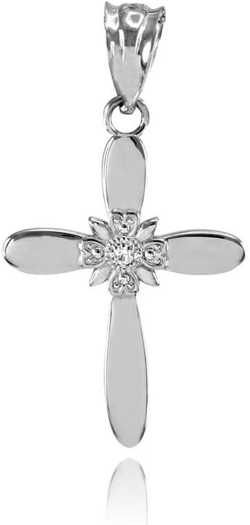 14K White Gold Diamond Accented 1” Solitaire Natal Starburst Flower Petal Cross Crucifix Pendant (? - ? Color, I1 Clarity) - WORLD TIME VISITS