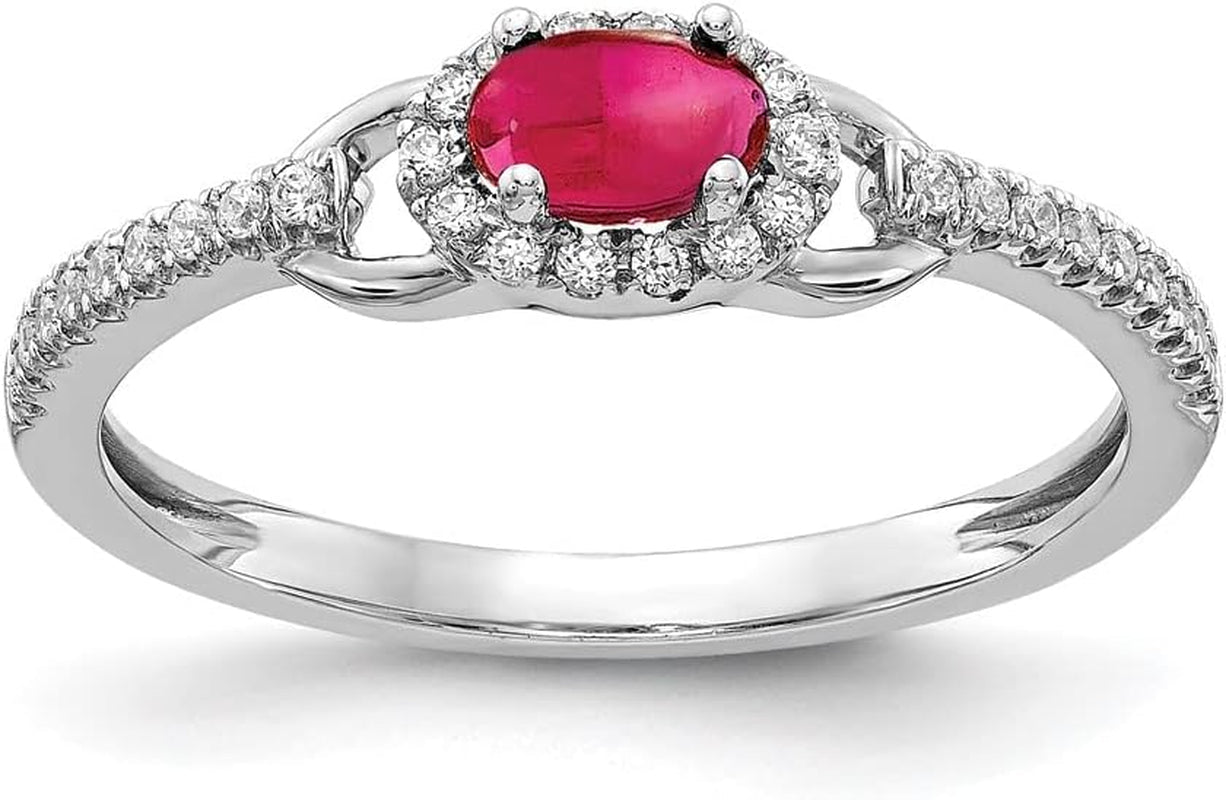 14K White Gold Diamond and Cabochon Ruby Ring Fine Jewelry for Women Gifts for Her, Size 7 - WORLD TIME VISITS