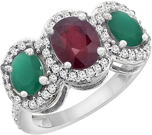 14K White Gold Enhanced Ruby & Cabochon Emerald 3 - Stone Ring Oval Diamond Accent, Sizes 5 - 10 - WORLD TIME VISITS