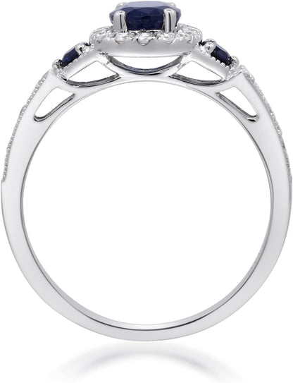 14K White Gold Genuine Blue Sapphire Ring with Diamonds for Women | Ethically, Authentically & Organically Sourced (Oval-Cut) Shaped Sapphire Hand-Crafted Jewelry for Her | Sapphire Ring for Women