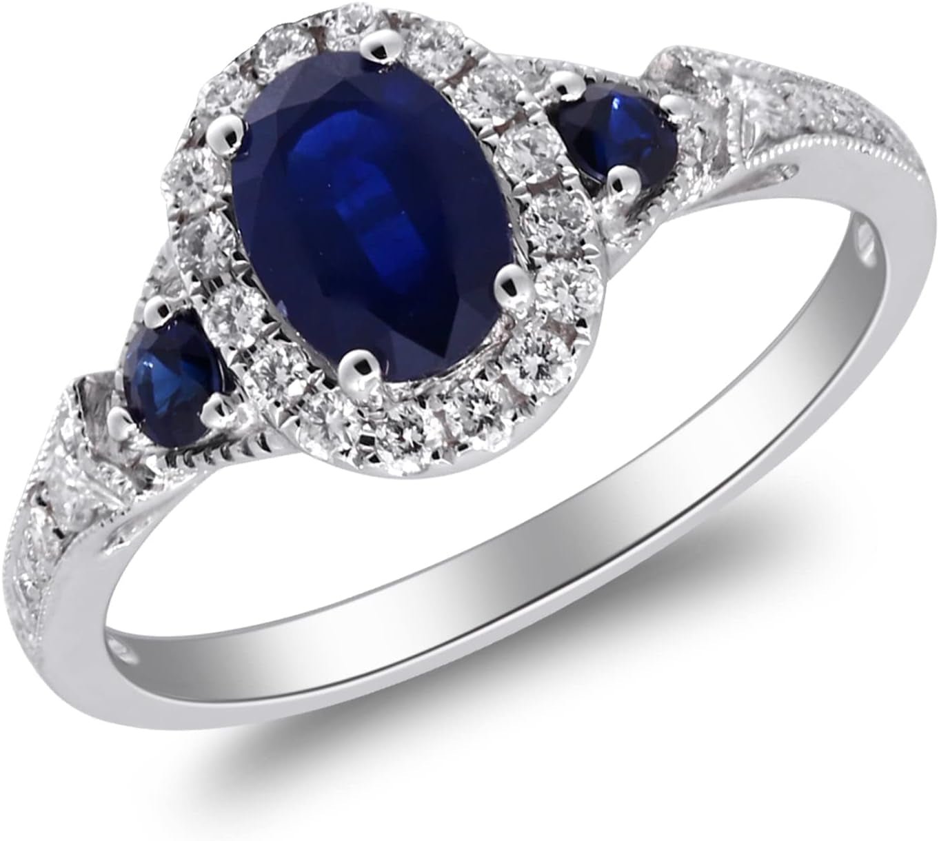 14K White Gold Genuine Blue Sapphire Ring with Diamonds for Women | Ethically, Authentically & Organically Sourced (Oval - Cut) Shaped Sapphire Hand - Crafted Jewelry for Her | Sapphire Ring for Women - WORLD TIME VISITS