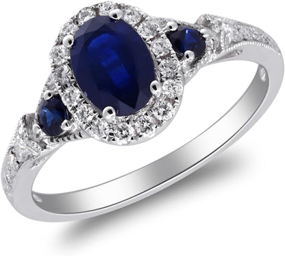 14K White Gold Genuine Blue Sapphire Ring with Diamonds for Women | Ethically, Authentically & Organically Sourced (Oval - Cut) Shaped Sapphire Hand - Crafted Jewelry for Her | Sapphire Ring for Women - WORLD TIME VISITS