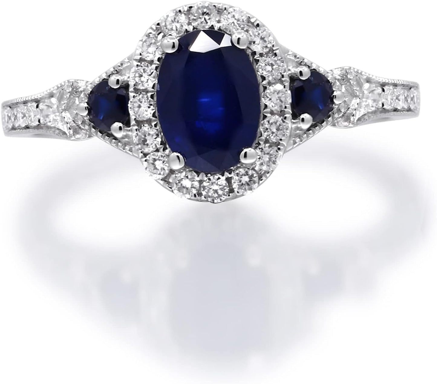 14K White Gold Genuine Blue Sapphire Ring with Diamonds for Women | Ethically, Authentically & Organically Sourced (Oval-Cut) Shaped Sapphire Hand-Crafted Jewelry for Her | Sapphire Ring for Women