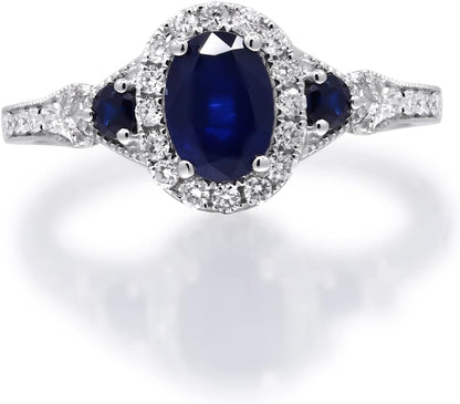 14K White Gold Genuine Blue Sapphire Ring with Diamonds for Women | Ethically, Authentically & Organically Sourced (Oval-Cut) Shaped Sapphire Hand-Crafted Jewelry for Her | Sapphire Ring for Women