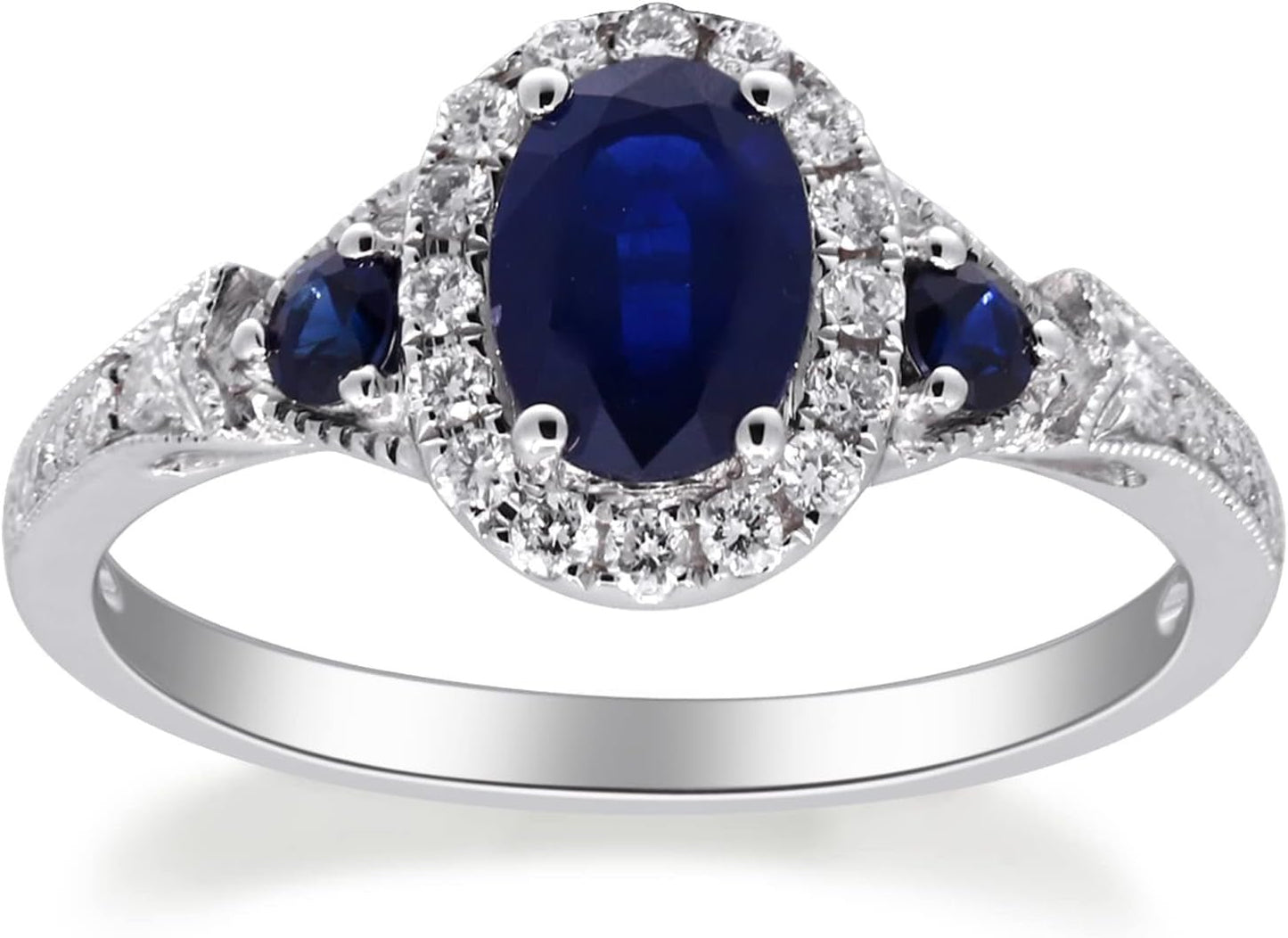 14K White Gold Genuine Blue Sapphire Ring with Diamonds for Women | Ethically, Authentically & Organically Sourced (Oval - Cut) Shaped Sapphire Hand - Crafted Jewelry for Her | Sapphire Ring for Women - WORLD TIME VISITS