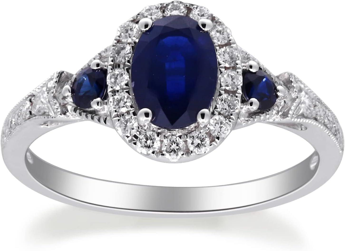 14K White Gold Genuine Blue Sapphire Ring with Diamonds for Women | Ethically, Authentically & Organically Sourced (Oval - Cut) Shaped Sapphire Hand - Crafted Jewelry for Her | Sapphire Ring for Women - WORLD TIME VISITS