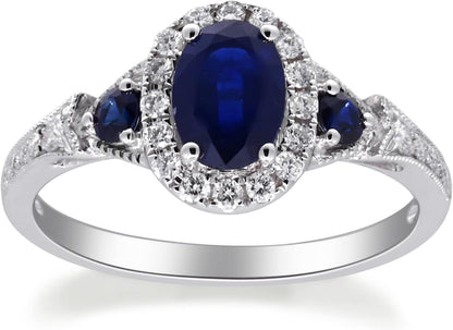 14K White Gold Genuine Blue Sapphire Ring with Diamonds for Women | Ethically, Authentically & Organically Sourced (Oval - Cut) Shaped Sapphire Hand - Crafted Jewelry for Her | Sapphire Ring for Women - WORLD TIME VISITS