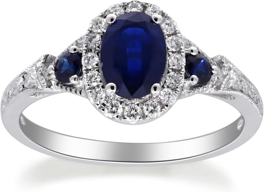 14K White Gold Genuine Blue Sapphire Ring with Diamonds for Women | Ethically, Authentically & Organically Sourced (Oval - Cut) Shaped Sapphire Hand - Crafted Jewelry for Her | Sapphire Ring for Women - WORLD TIME VISITS