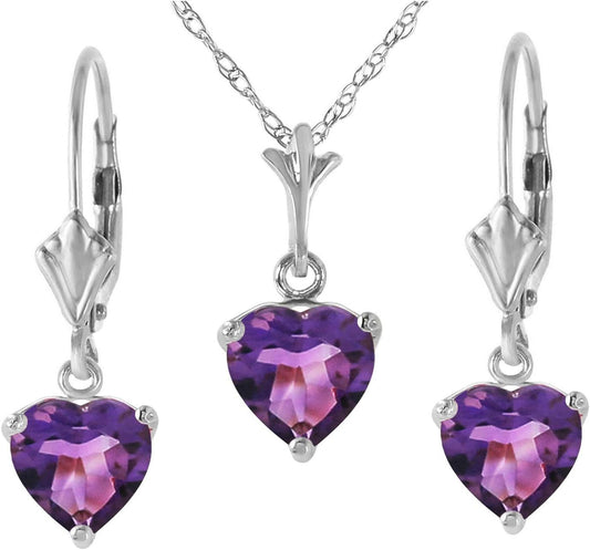 14K White Gold Jewelry Set - Necklace and Earrings W/Natural Heart - Shaped Purple Amethysts - WORLD TIME VISITS