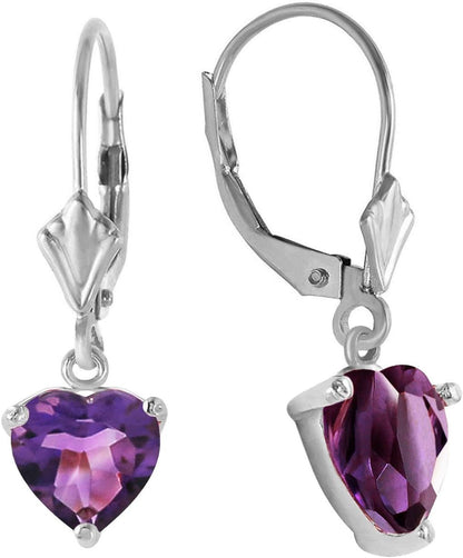 14K White Gold Jewelry Set - Necklace and Earrings W/Natural Heart - Shaped Purple Amethysts - WORLD TIME VISITS