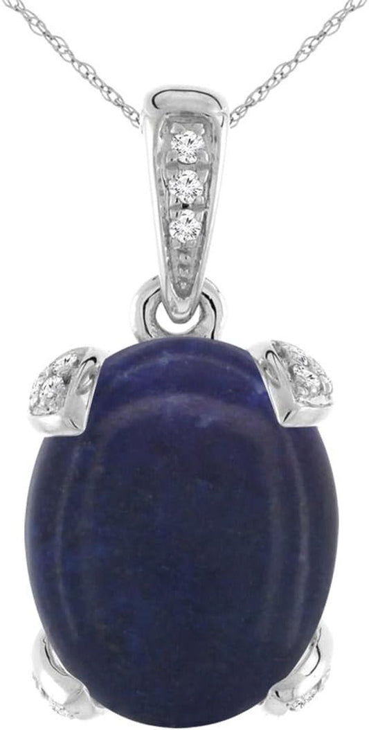 14K White Gold Natural Lapis Necklace Oval 10X8 Mm with Diamond Accents - WORLD TIME VISITS