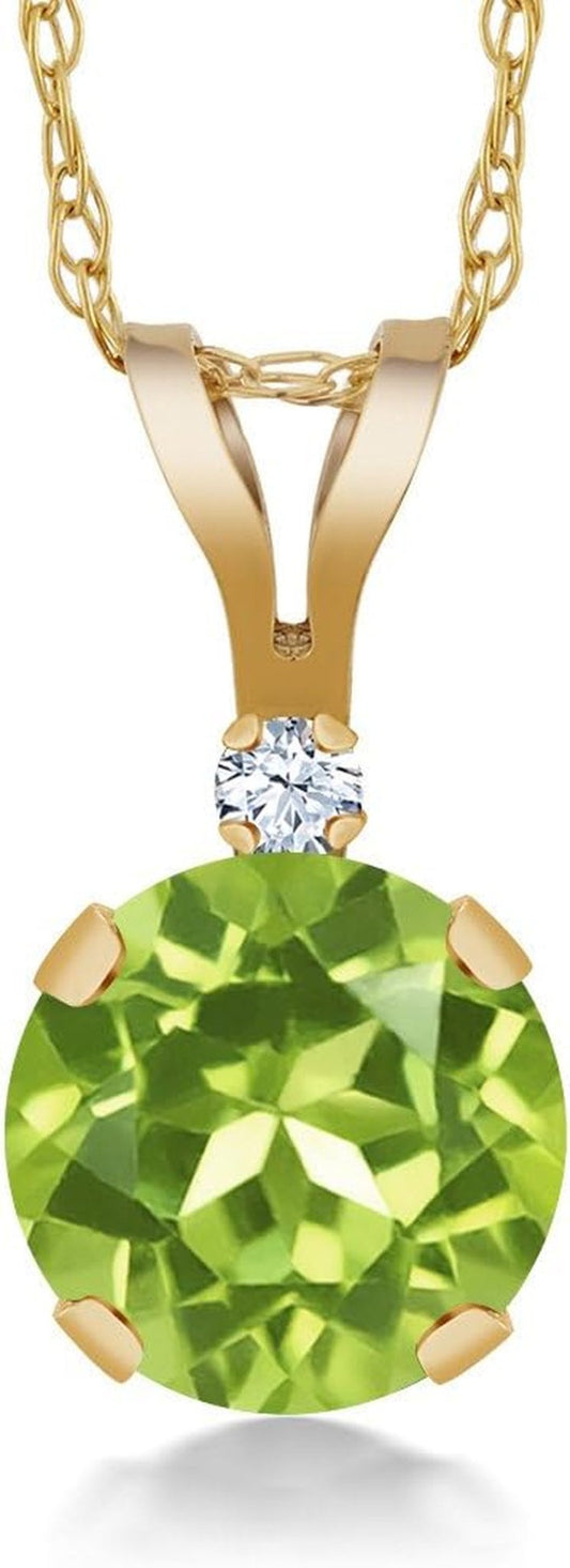 14K Yellow Gold Green Peridot and White Created Sapphire Pendant Necklace for Women (0.87 Cttw, Gemstone Birthstone, round 6MM) - WORLD TIME VISITS