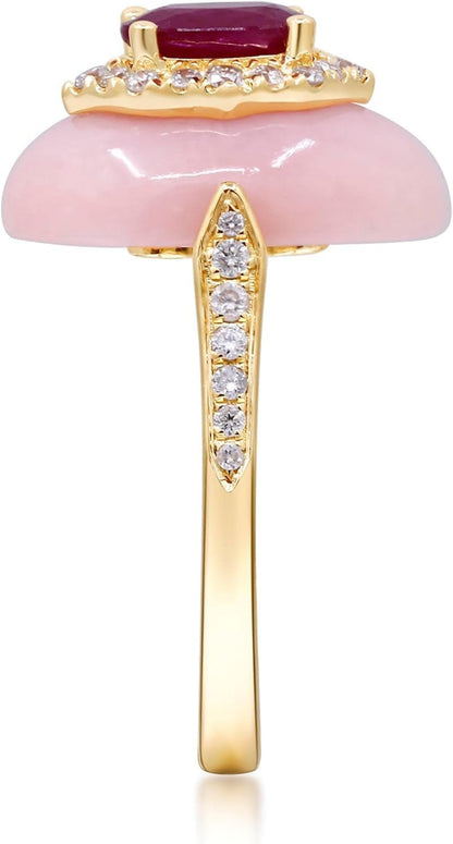 14K Yellow Gold Mozambique Genuine Ruby and Pink Opal Ring with Diamonds for Women | Ethically, Authentically & Organically Sourced (Oval - Cut) Shaped Ruby Hand - Crafted Jewelry for Her | Ruby Ring for Women - WORLD TIME VISITS