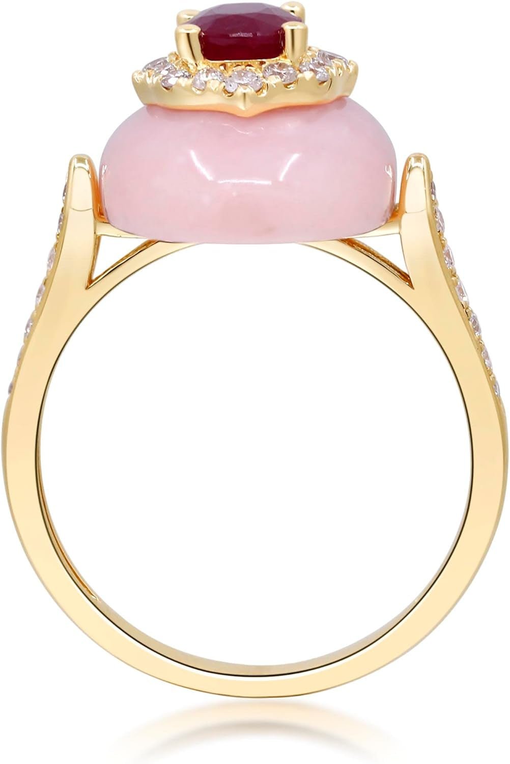 14K Yellow Gold Mozambique Genuine Ruby and Pink Opal Ring with Diamonds for Women | Ethically, Authentically & Organically Sourced (Oval-Cut) Shaped Ruby Hand-Crafted Jewelry for Her | Ruby Ring for Women