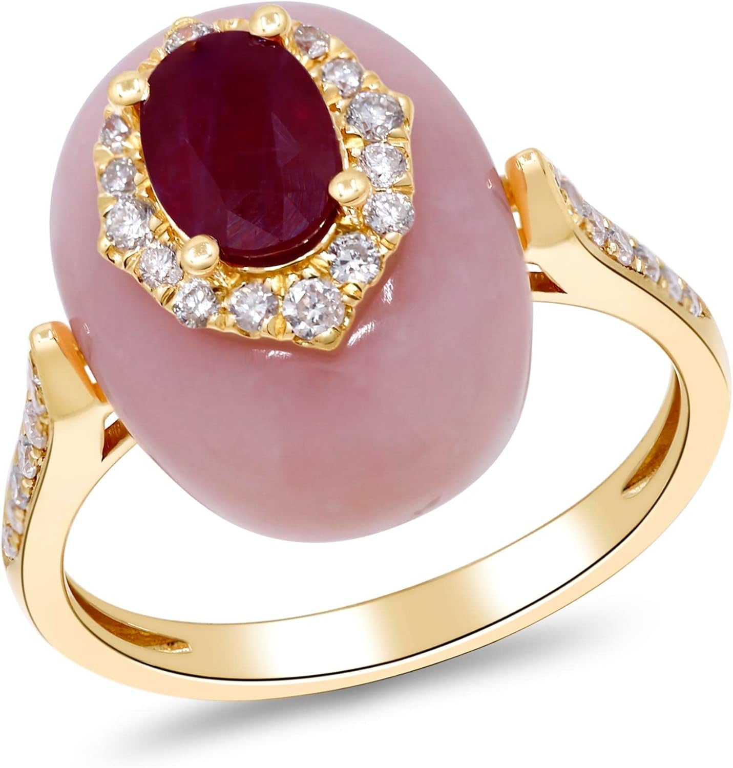 14K Yellow Gold Mozambique Genuine Ruby and Pink Opal Ring with Diamonds for Women | Ethically, Authentically & Organically Sourced (Oval-Cut) Shaped Ruby Hand-Crafted Jewelry for Her | Ruby Ring for Women