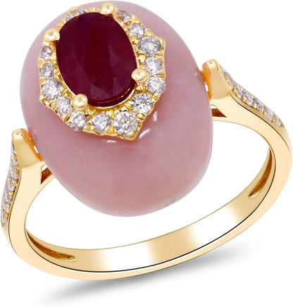 14K Yellow Gold Mozambique Genuine Ruby and Pink Opal Ring with Diamonds for Women | Ethically, Authentically & Organically Sourced (Oval-Cut) Shaped Ruby Hand-Crafted Jewelry for Her | Ruby Ring for Women
