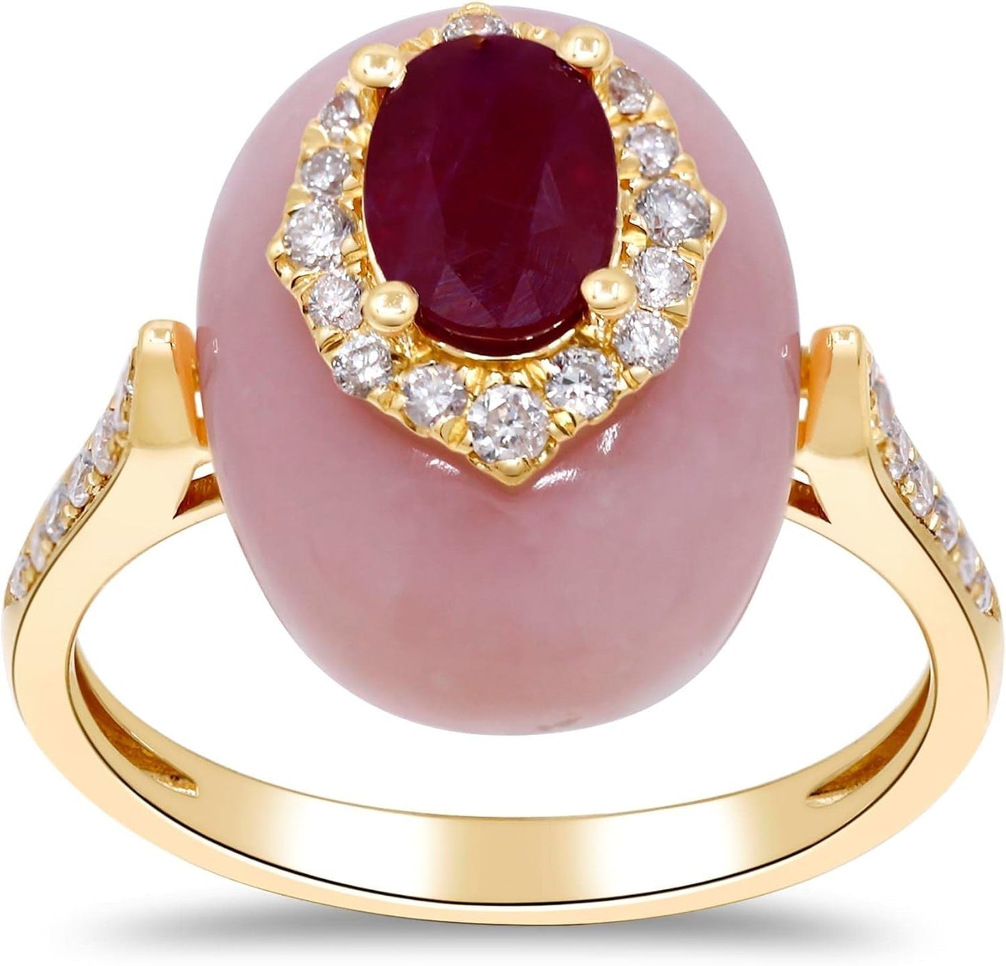 14K Yellow Gold Mozambique Genuine Ruby and Pink Opal Ring with Diamonds for Women | Ethically, Authentically & Organically Sourced (Oval-Cut) Shaped Ruby Hand-Crafted Jewelry for Her | Ruby Ring for Women