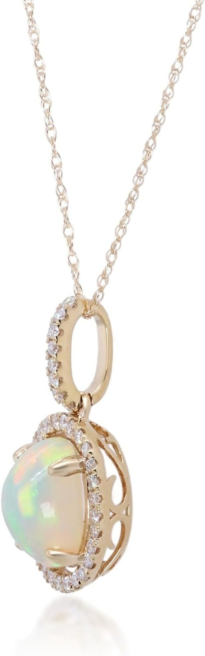 14K Yellow Gold Natural Ethiopian Opal Pendant with Diamonds for Women,Ethically, Metal Gemstone, Ethiopian Opal Diamond - WORLD TIME VISITS