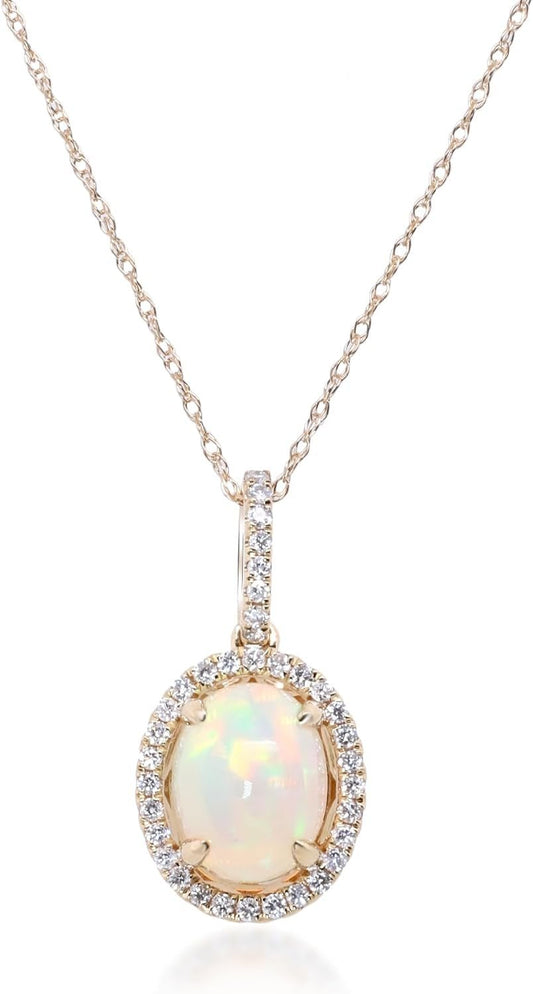 14K Yellow Gold Natural Ethiopian Opal Pendant with Diamonds for Women,Ethically, Metal Gemstone, Ethiopian Opal Diamond - WORLD TIME VISITS