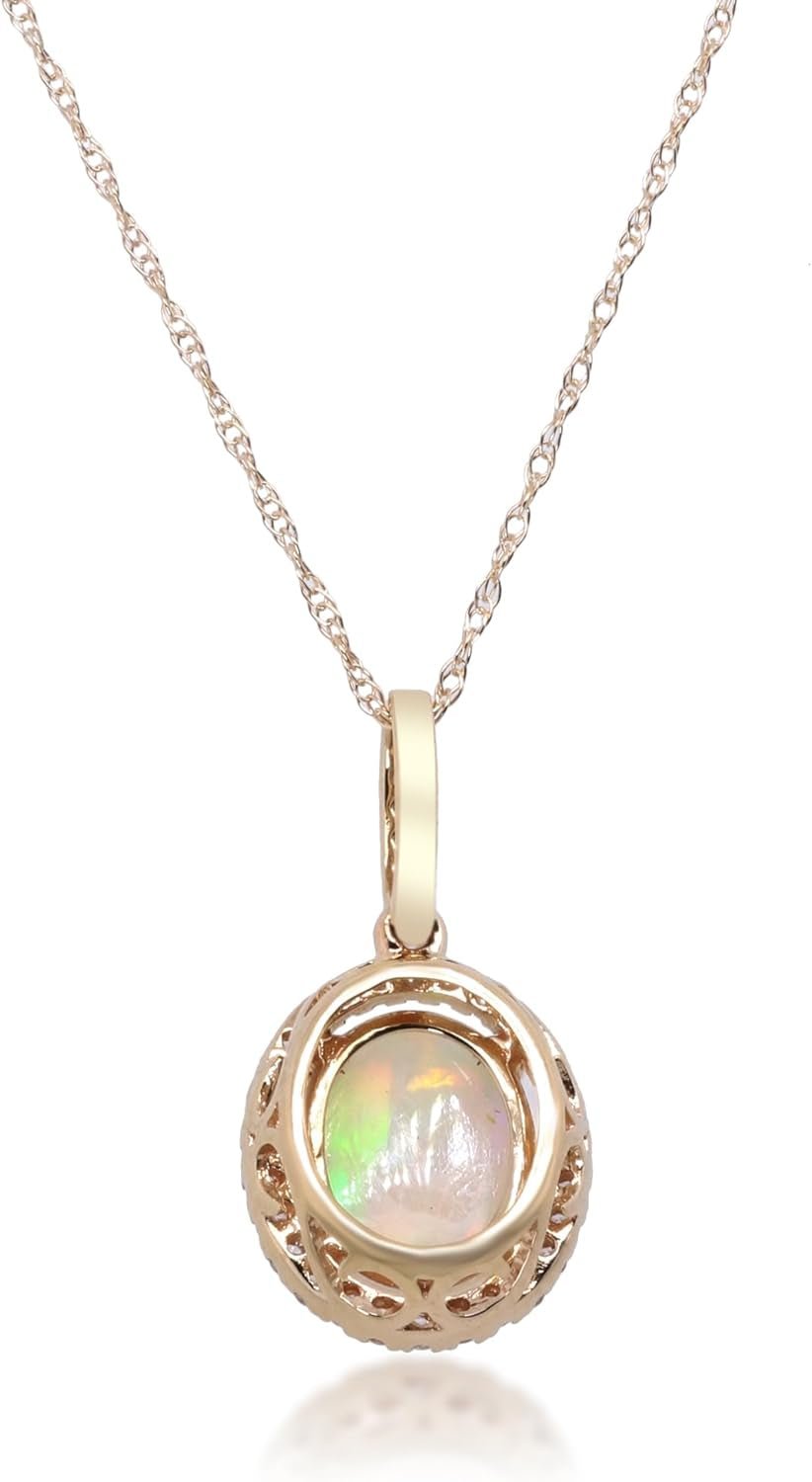 14K Yellow Gold Natural Ethiopian Opal Pendant with Diamonds for Women,Ethically, Metal Gemstone, Ethiopian Opal Diamond