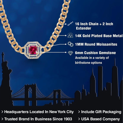 14K Yellow Gold Plated Gemstone Birthstone and White Moissanite Necklace | Cuban Curb Link Chain Pendant Necklace for Women | Cushion 6MM | 16 Inch Chain + 2 Inch Extender - WORLD TIME VISITS