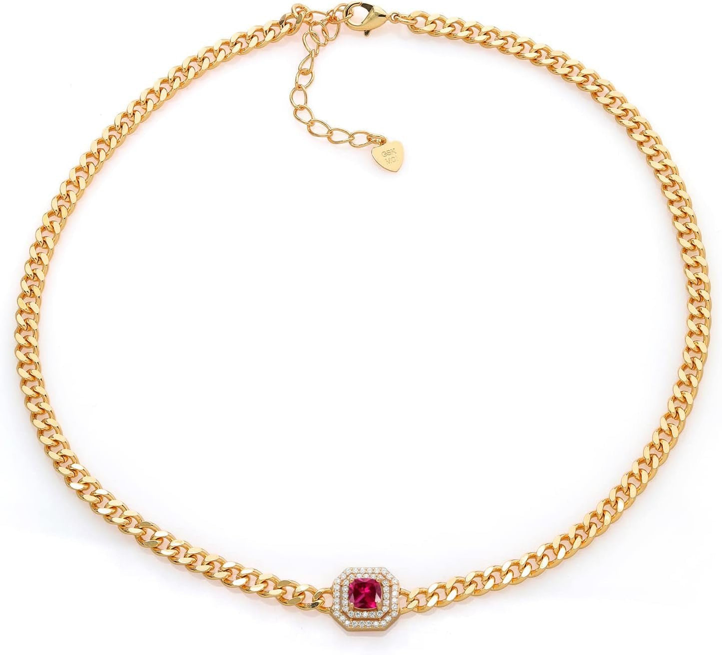 14K Yellow Gold Plated Gemstone Birthstone and White Moissanite Necklace | Cuban Curb Link Chain Pendant Necklace for Women | Cushion 6MM | 16 Inch Chain + 2 Inch Extender