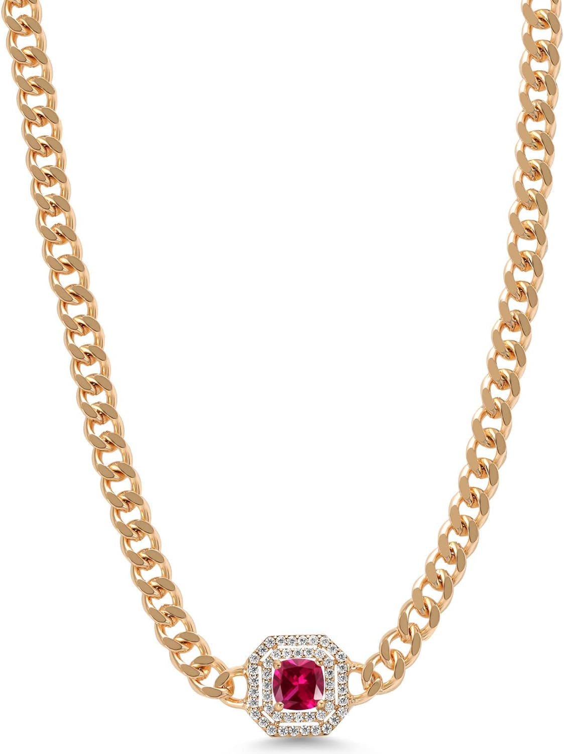 14K Yellow Gold Plated Gemstone Birthstone and White Moissanite Necklace | Cuban Curb Link Chain Pendant Necklace for Women | Cushion 6MM | 16 Inch Chain + 2 Inch Extender