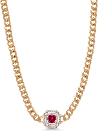 14K Yellow Gold Plated Gemstone Birthstone and White Moissanite Necklace | Cuban Curb Link Chain Pendant Necklace for Women | Cushion 6MM | 16 Inch Chain + 2 Inch Extender