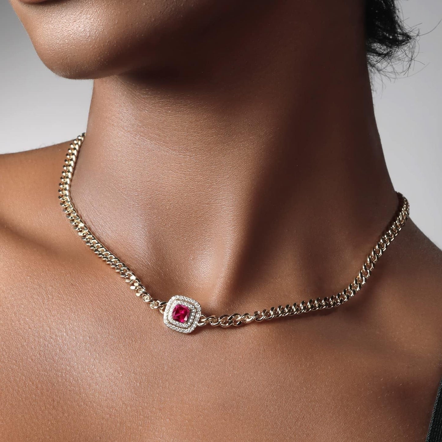 14K Yellow Gold Plated Gemstone Birthstone and White Moissanite Necklace | Cuban Curb Link Chain Pendant Necklace for Women | Cushion 6MM | 16 Inch Chain + 2 Inch Extender