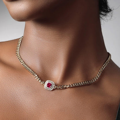 14K Yellow Gold Plated Gemstone Birthstone and White Moissanite Necklace | Cuban Curb Link Chain Pendant Necklace for Women | Cushion 6MM | 16 Inch Chain + 2 Inch Extender
