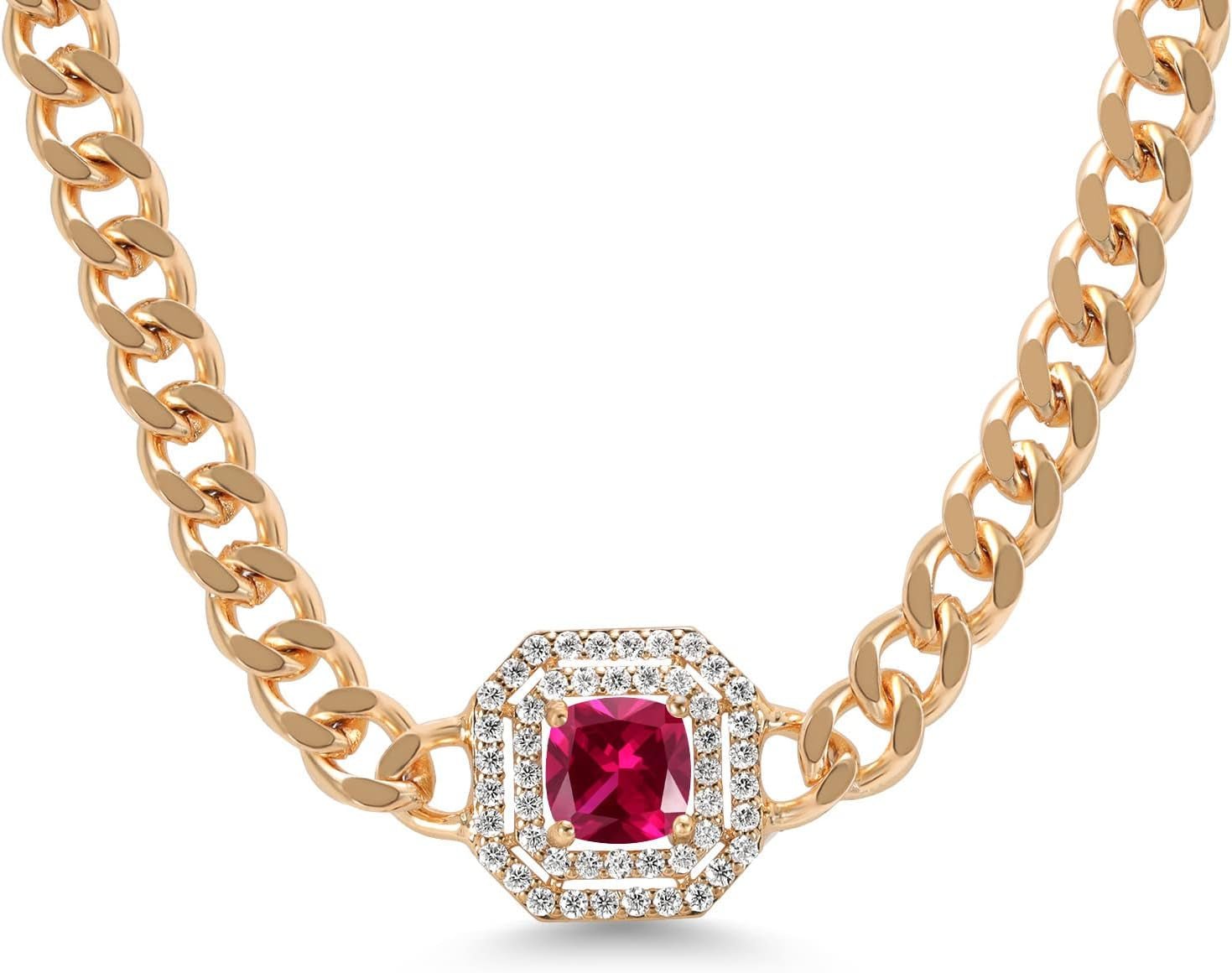 14K Yellow Gold Plated Gemstone Birthstone and White Moissanite Necklace | Cuban Curb Link Chain Pendant Necklace for Women | Cushion 6MM | 16 Inch Chain + 2 Inch Extender - WORLD TIME VISITS