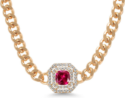 14K Yellow Gold Plated Gemstone Birthstone and White Moissanite Necklace | Cuban Curb Link Chain Pendant Necklace for Women | Cushion 6MM | 16 Inch Chain + 2 Inch Extender - WORLD TIME VISITS