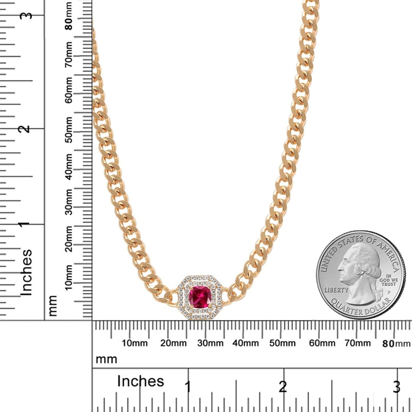 14K Yellow Gold Plated Gemstone Birthstone and White Moissanite Necklace | Cuban Curb Link Chain Pendant Necklace for Women | Cushion 6MM | 16 Inch Chain + 2 Inch Extender