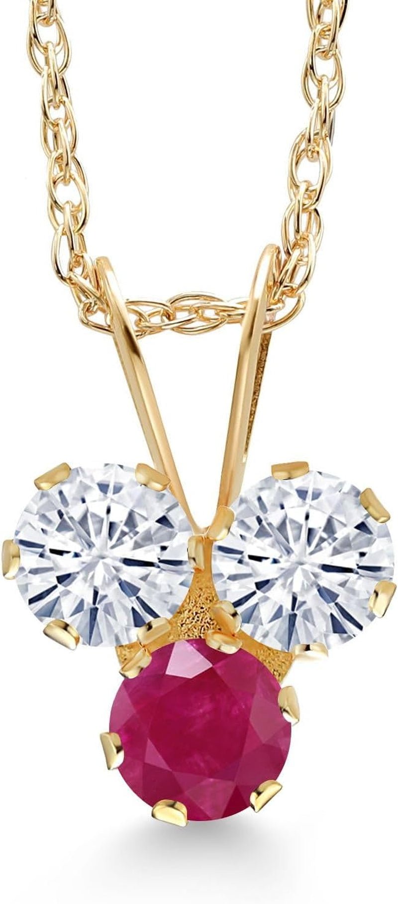 14K Yellow Gold White Moissanite and Red Ruby 3 - Stone Pendant Necklace for Women (0.36 Cttw, Gemstone, round 3MM, 18 Inch Chain) - WORLD TIME VISITS