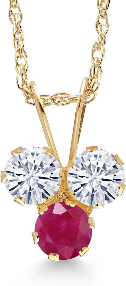 14K Yellow Gold White Moissanite and Red Ruby 3 - Stone Pendant Necklace for Women (0.36 Cttw, Gemstone, round 3MM, 18 Inch Chain) - WORLD TIME VISITS