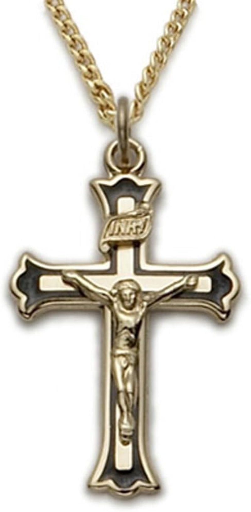 14KT Gold - Plated Sterling Silver Crucifix Cross Pendant Necklace Black Enameled, Religious Jewelry, 1 Inch - WORLD TIME VISITS