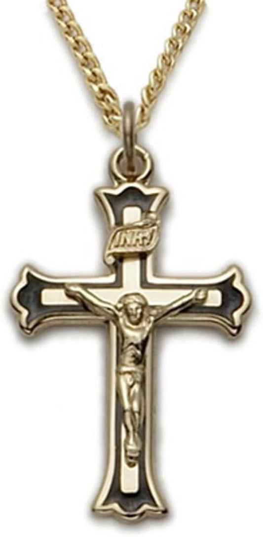 14KT Gold - Plated Sterling Silver Crucifix Cross Pendant Necklace Black Enameled, Religious Jewelry, 1 Inch - WORLD TIME VISITS