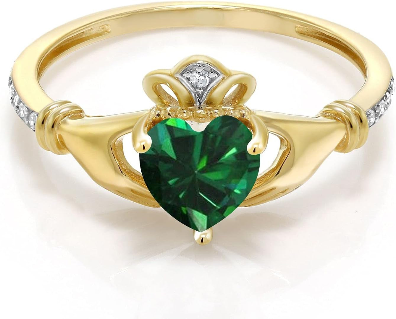 10K Yellow Gold 6MM Heart Shape Gemstone Birthstone and White Diamond Irish Celtic Claddagh Engagement Ring | Gold Ring for Women | Available in Size 5, 6, 7, 8, 9 - WORLD TIME VISITS