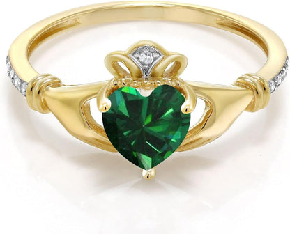 10K Yellow Gold Green Simulated Emerald and Diamond Accent Irish Celtic Claddagh Ring for Women (0.74 Cttw, Available in Size 5, 6, 7, 8, 9)
