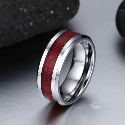 Two Rings Couple Ring His Hers Three-Stone Ring White Gold Plated Ruby CZ Womens Ring Sets Wood Tungsten Steel Men'S Ring