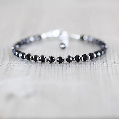 Black Spinel, Sterling & Karen Hill Tribe Silver Bracelet Boho Beaded Gemstone Bracelet Dainty Stacking Bracelet - WORLD TIME VISITS
