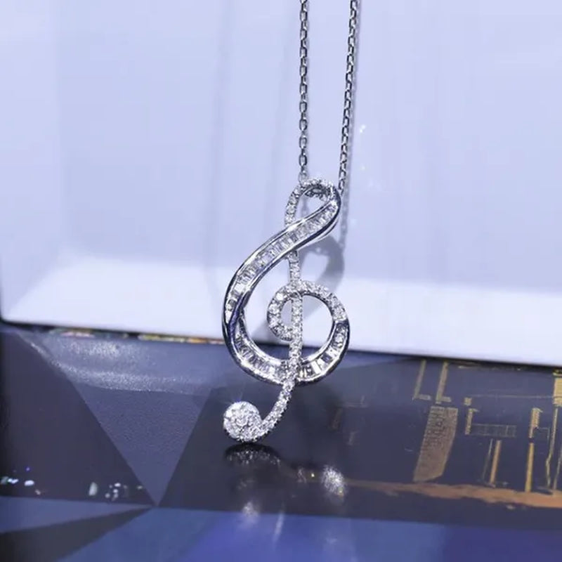 Fashion Jewelry  35 Points Note Music Notation 925 Sterling Silver Diamond Pendant Necklace