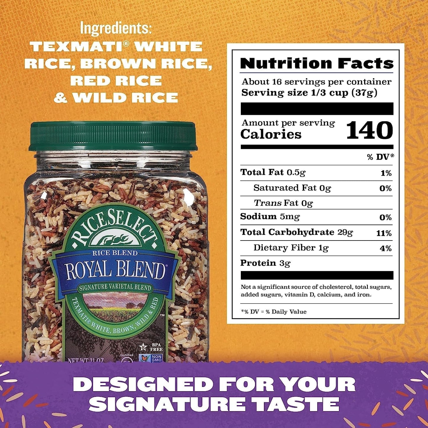 Royal Blend, Blend of Texmati White, Brown, Red, and Wild Rice, Premium Gluten Free Rice, Non-Gmo, 21 Ounce Jar