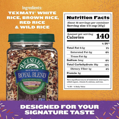 Royal Blend, Blend of Texmati White, Brown, Red, and Wild Rice, Premium Gluten Free Rice, Non-Gmo, 21 Ounce Jar