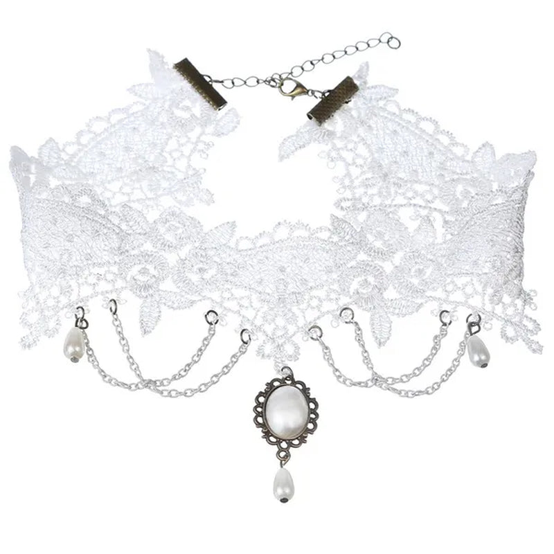 White Lace Necklace Chokers Black Collares Vintage Style Female Gothic Wedding Red Rose Crystal Diamond Pendant Collarbone Necklaces Chain Accessories for Women Girls