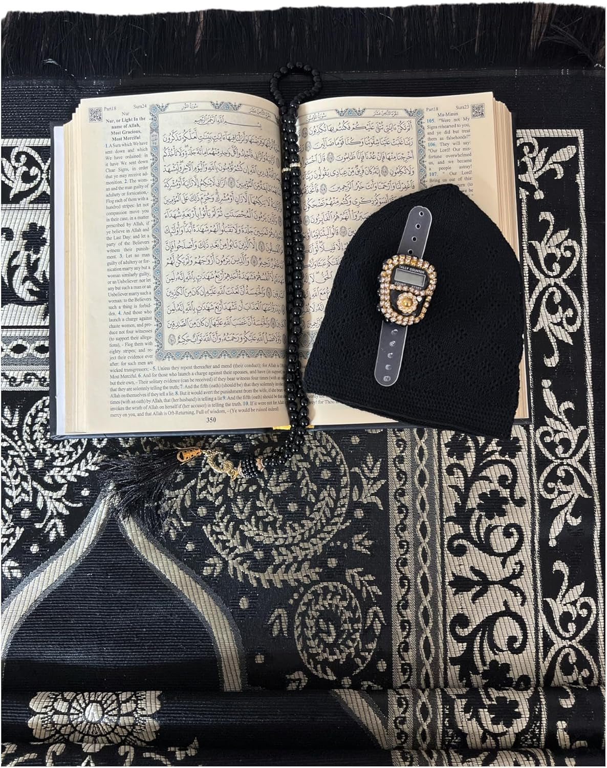 Gift Set for Islam | Holy Quran,Prayer Mat,Portable Digital Zikirmatic,Kufi Hat,Beads | Hajj Present for Wedding,Umrah,Special Day | Great Ramadan Gifts for Muslim Men,Women(Black, English)