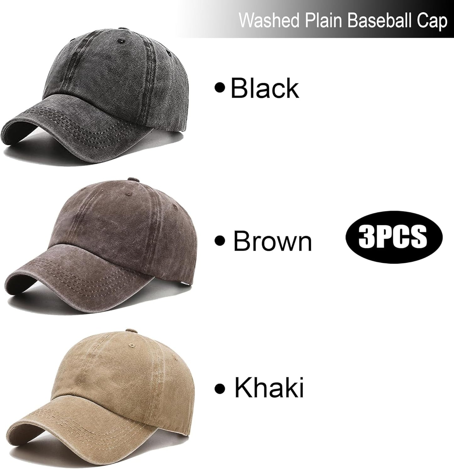 3 Pack Washed Plain Vintage Baseball Cap Cotton Adjustable Twill Bulk Low Profile Classic Dad Hat for Men/Women