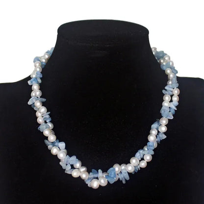 Handmade beautiful 2strands blue green stone peridot 7-8mm white freshwater cultured pearl necklace long 43-45cm