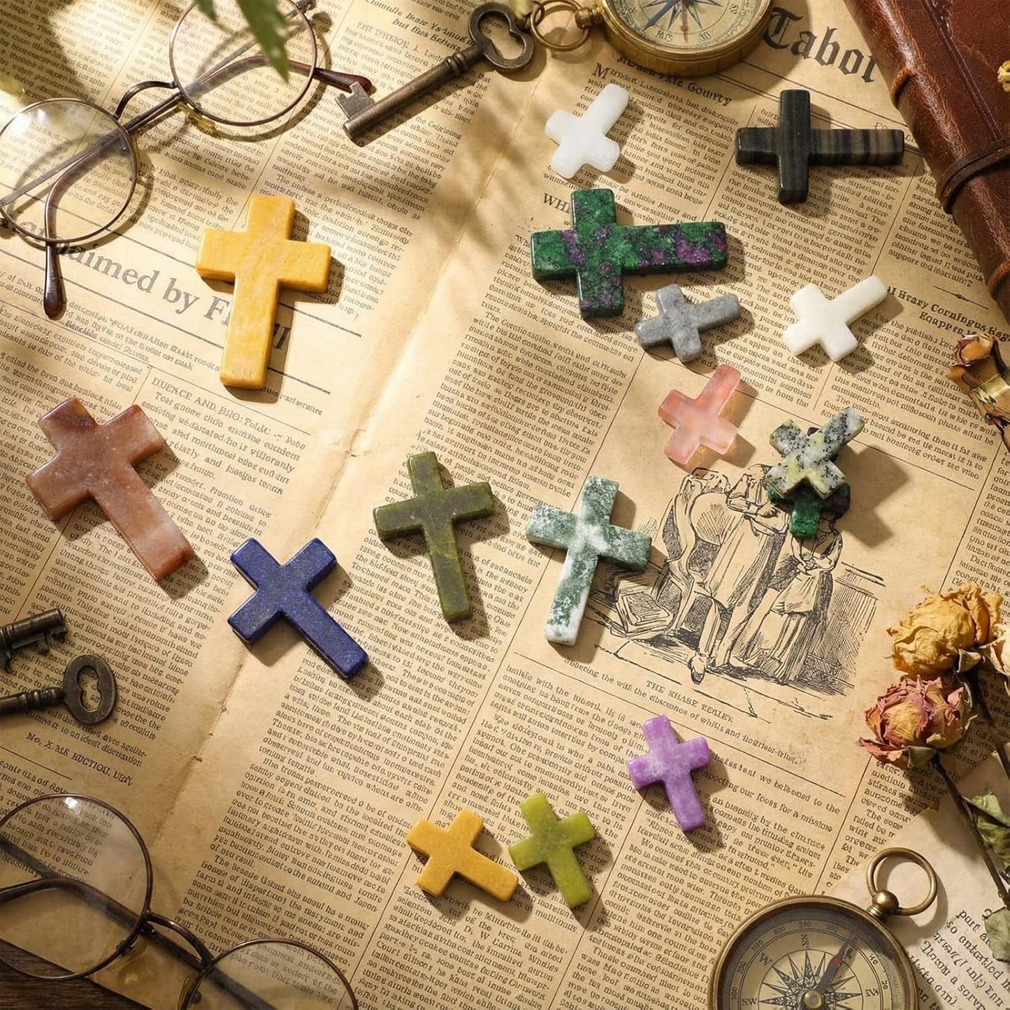 150 Pcs Natural Stone Cross Pendant Charms Bulk 1 Inch Cross Shape Crystal Gemstone Pendant Healing Chakra Quartz Charms for DIY Necklace Jewelry Crafts Making Easter Decor Gift