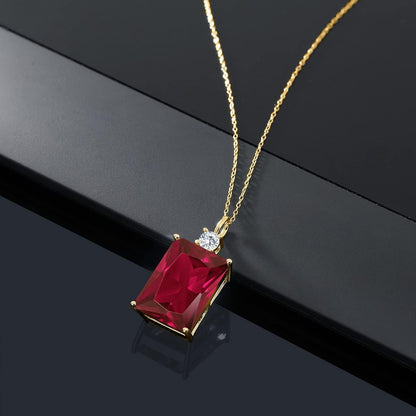 20.27 Cttw Red Created Ruby and White Lab Grown Diamond Pendant Necklace for Women in 18K Yellow Gold Plated Silver | Emerald Cut 18X13MM | with 18 Inch Silver Chain